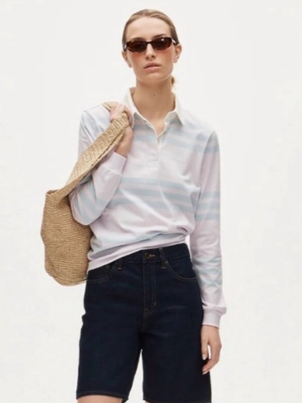 J. Crew Boyfriend Jersey Pastel Lavender Stripe Rugby Shirt with White Collar